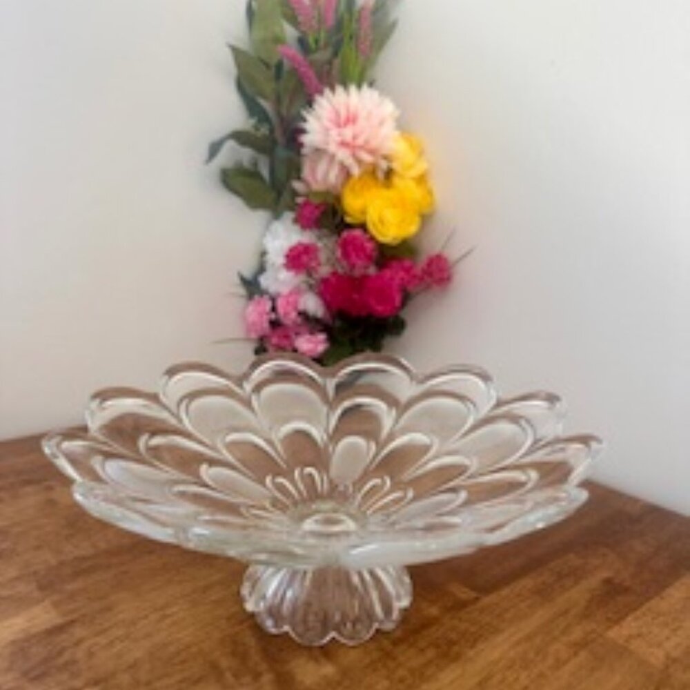 Vintage Frosted & Clear Glass Pedestal Bowl‎ – Floral Design, Elegant Serving